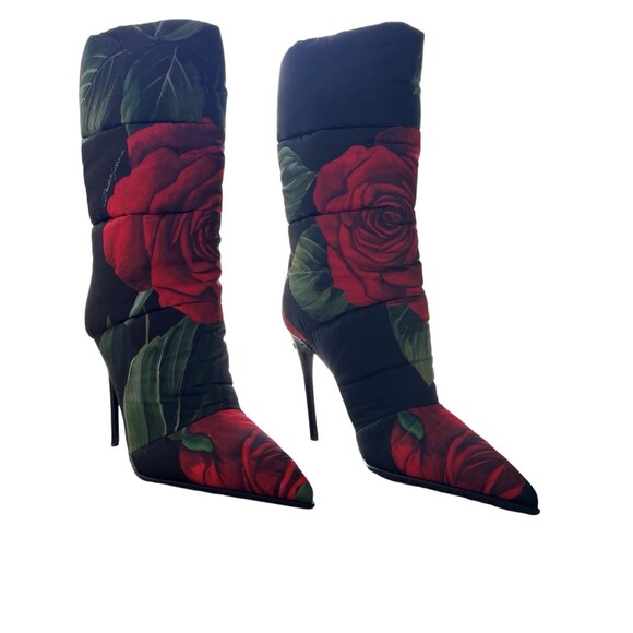 DOLCE & GABBANA Rose Print Padded Nylon Ankle Stiletto Boots EU 37.5 US 7.5 - Picture 1 of 16